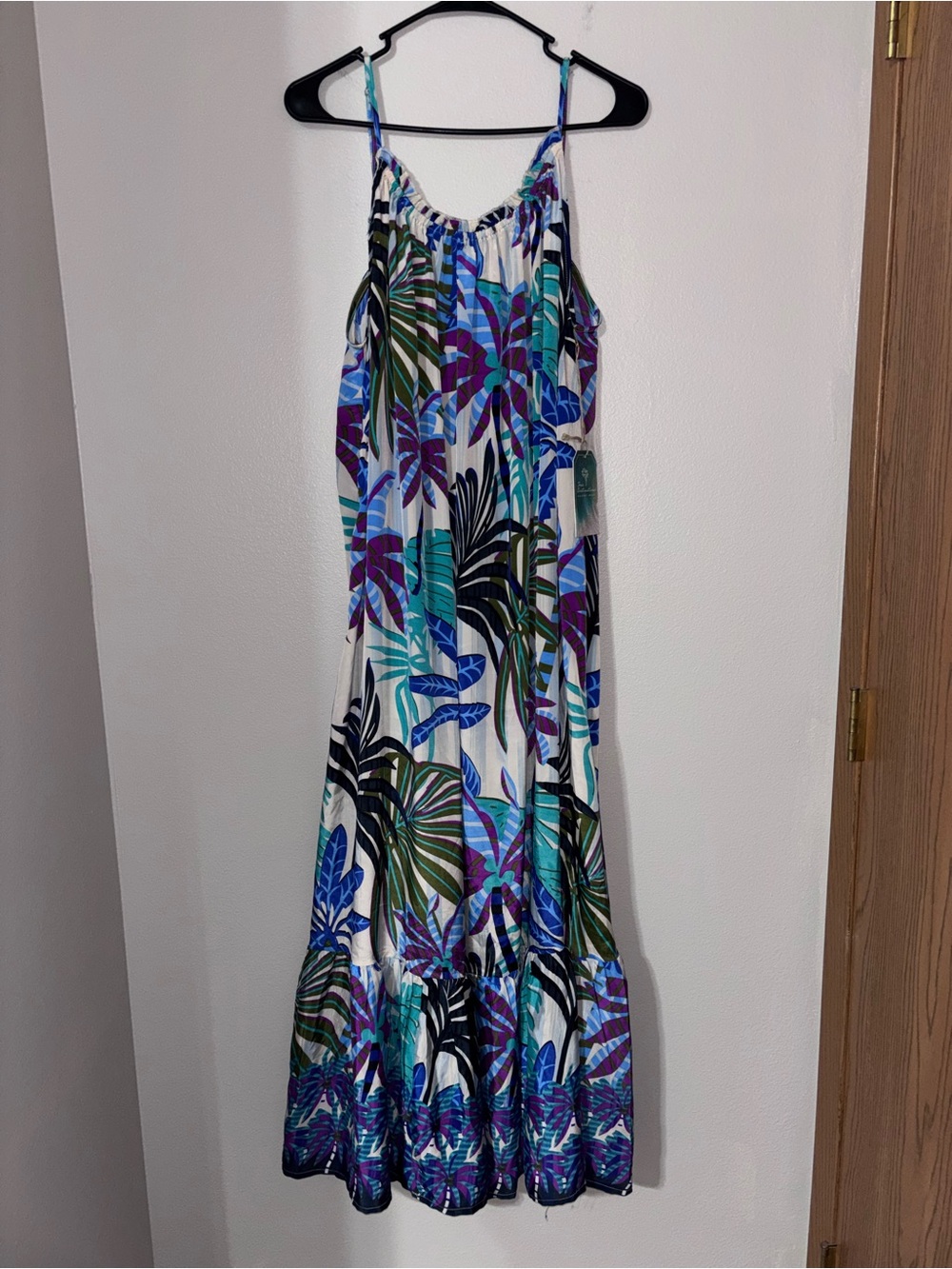 Tropical Leaf Print Maxi Dress — White with Blue & Green